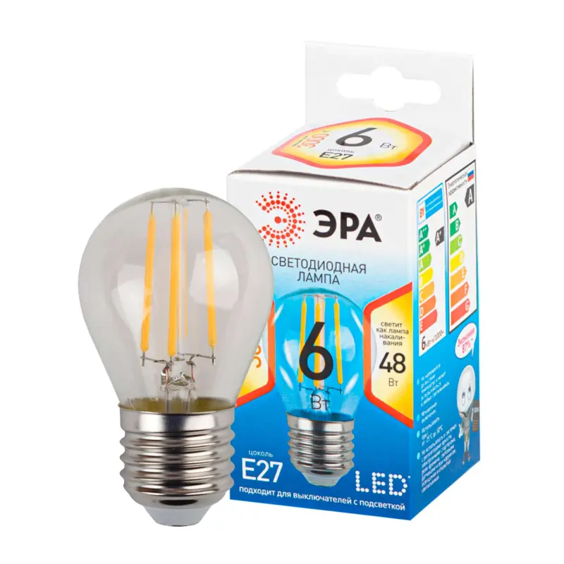 Лампа светодиодная филаментная шар теплый белый свет FP4527 ЭРА QX F-LED-6 Ват-P45-2700K-E27 фотография