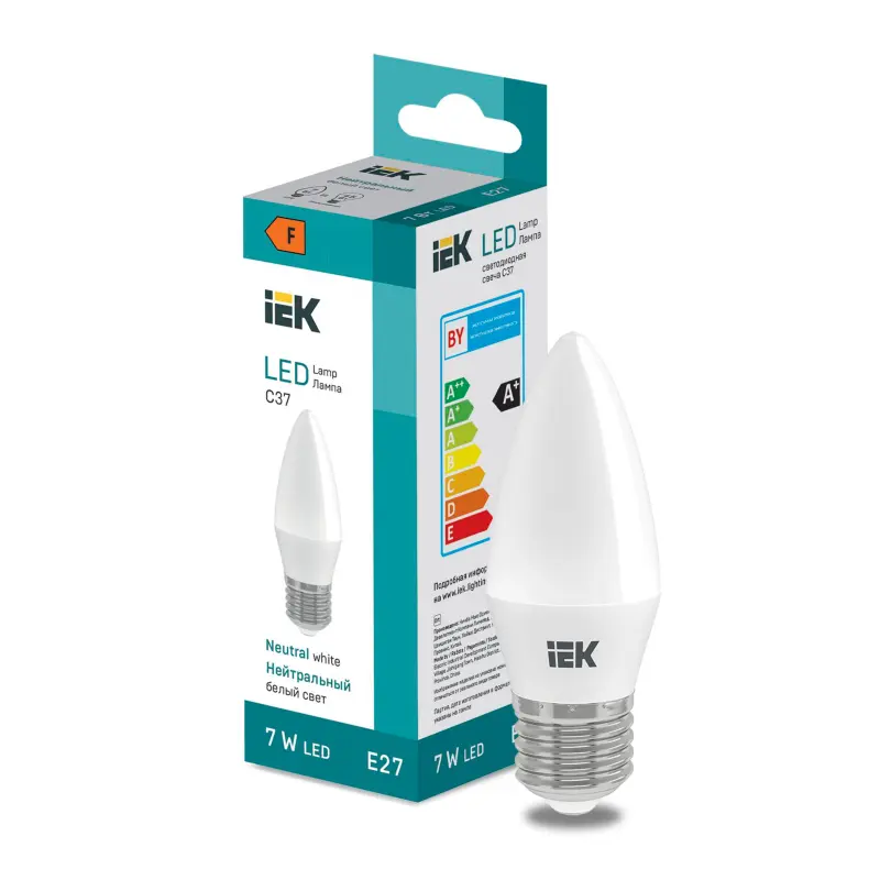 Лампа светодиодная свеча нейтральный белый свет LED Candle C37 600lm 4000K E27 IEK LL-I-C37-7-230-40-E27 фотография