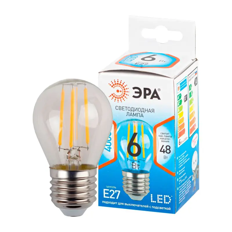 Лампа светодиодная филаментная шар нейтральный белый свет FP4527 ЭРА QX F-LED P45-6W-4000K-E27 фотография